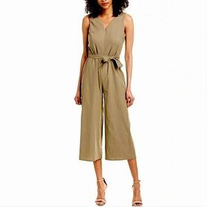 T Tahari Olive Linen Wide Leg V-Neck Belted Jumpsuit